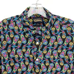 CREMIEUX Button Down Shirt Mens XL Short Sleeve Black Paisley Print Cotton Blend